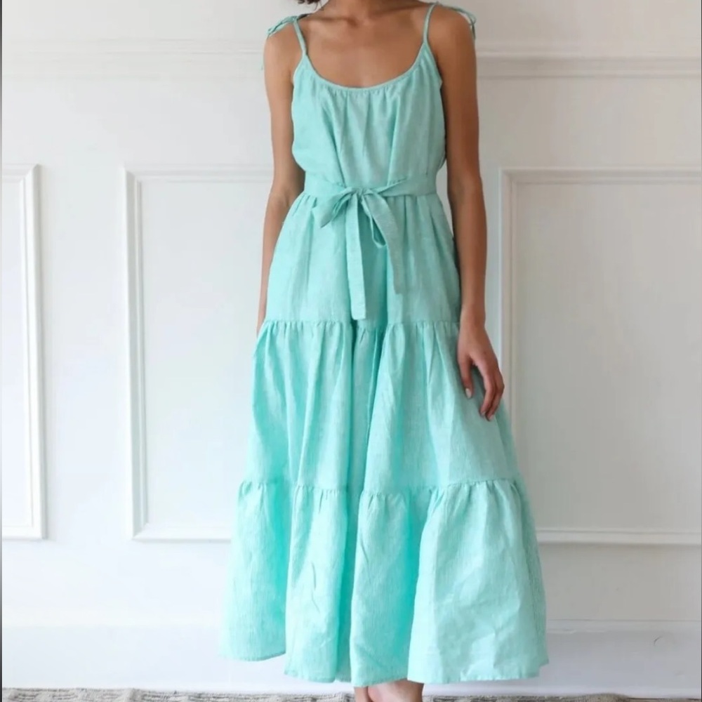 NWT Mille Maui Green Stripes tiered linen maxi Dress XS
